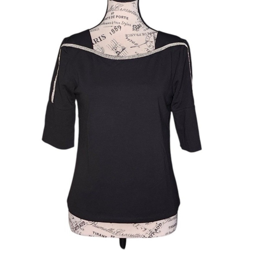 Kivo Black Knit Top Asymmetrical Cold Shoulder Split Sleeve Metallic Trim Size M